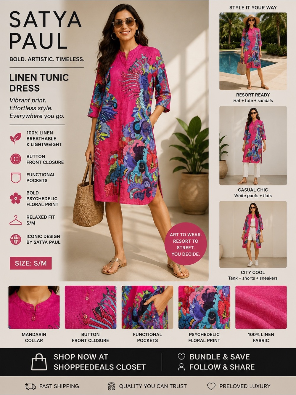 SATYA PAUL Vibrant Pink Linen Psychedelic Floral Tunic Dress